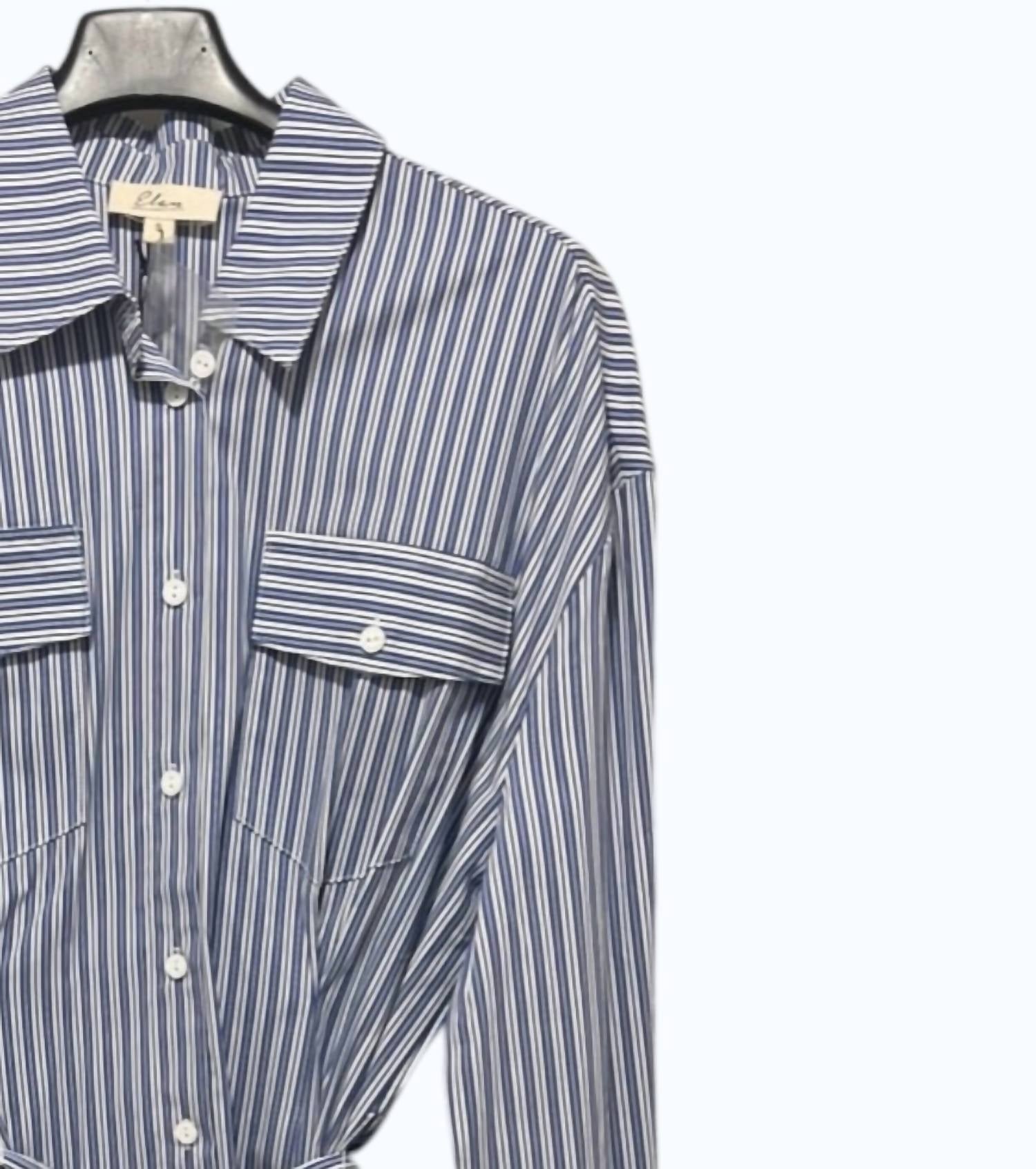 ELAN Women's Button Down Dress in navy stripe - women's dress - detail view