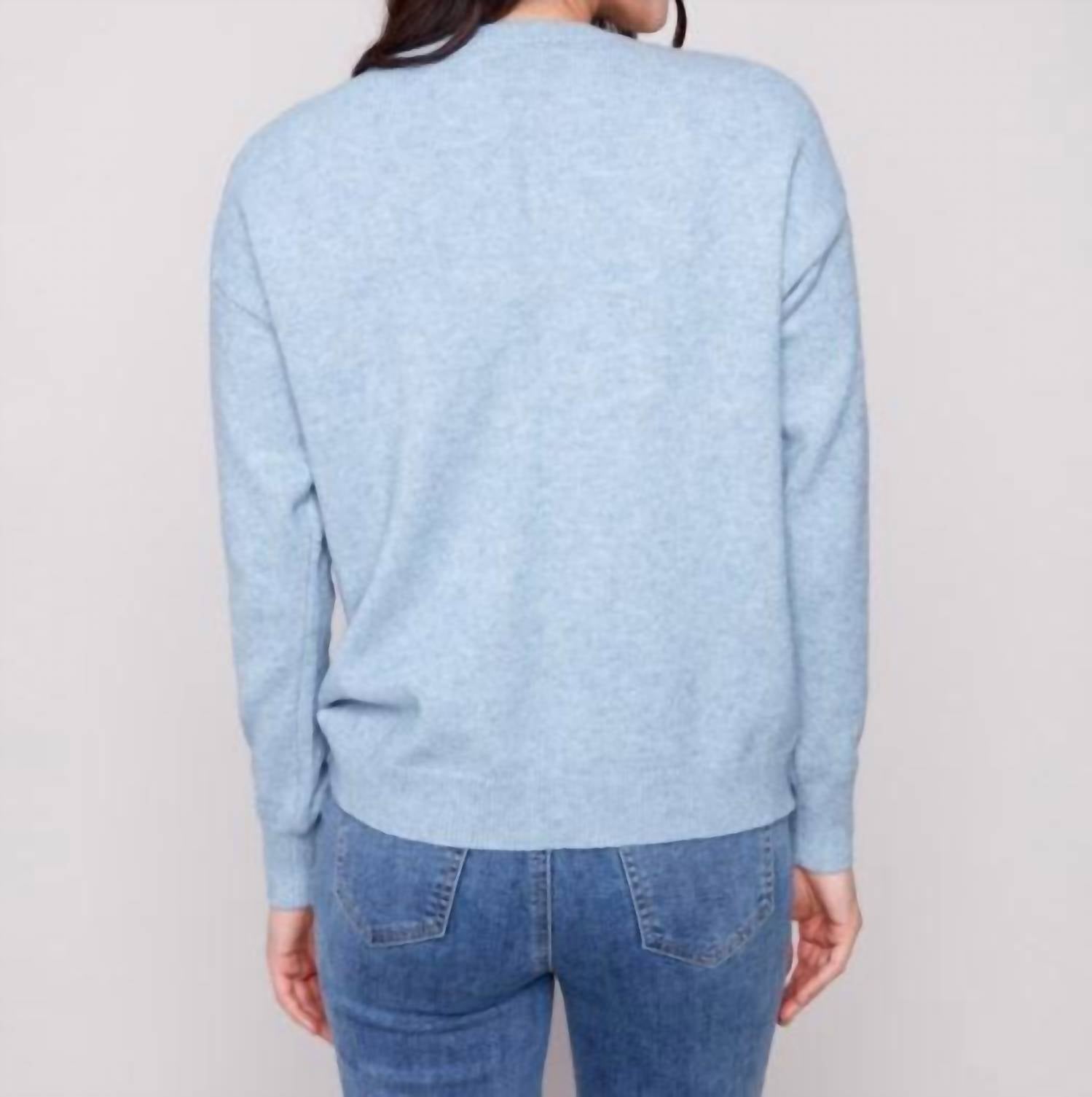 CHARLIE B Crew Neck Sweater With Tonal Embroidery in oxford - women's sweater - detail view