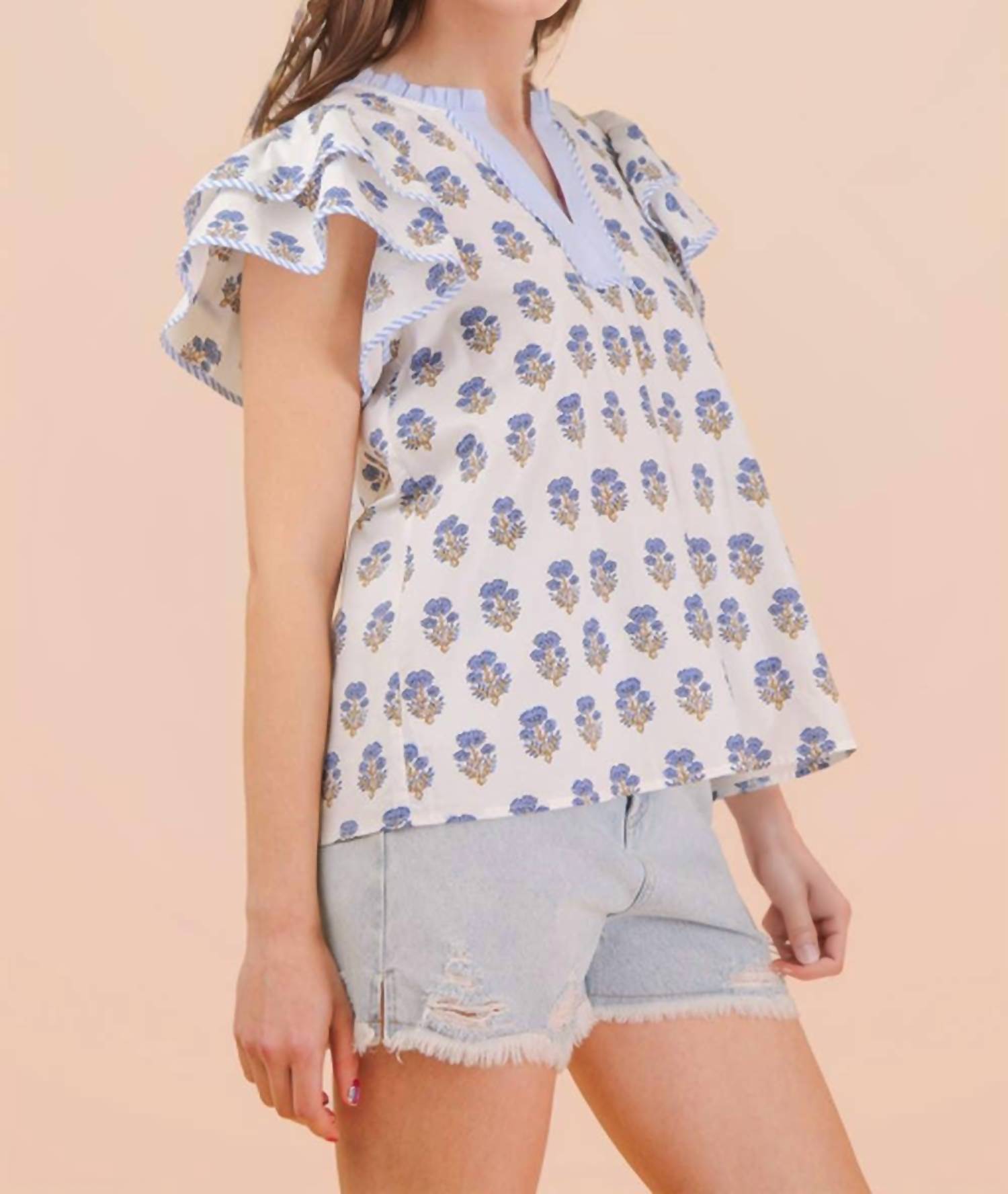 Very J - Ruffle Sleeve Printed Woven Blouse Top