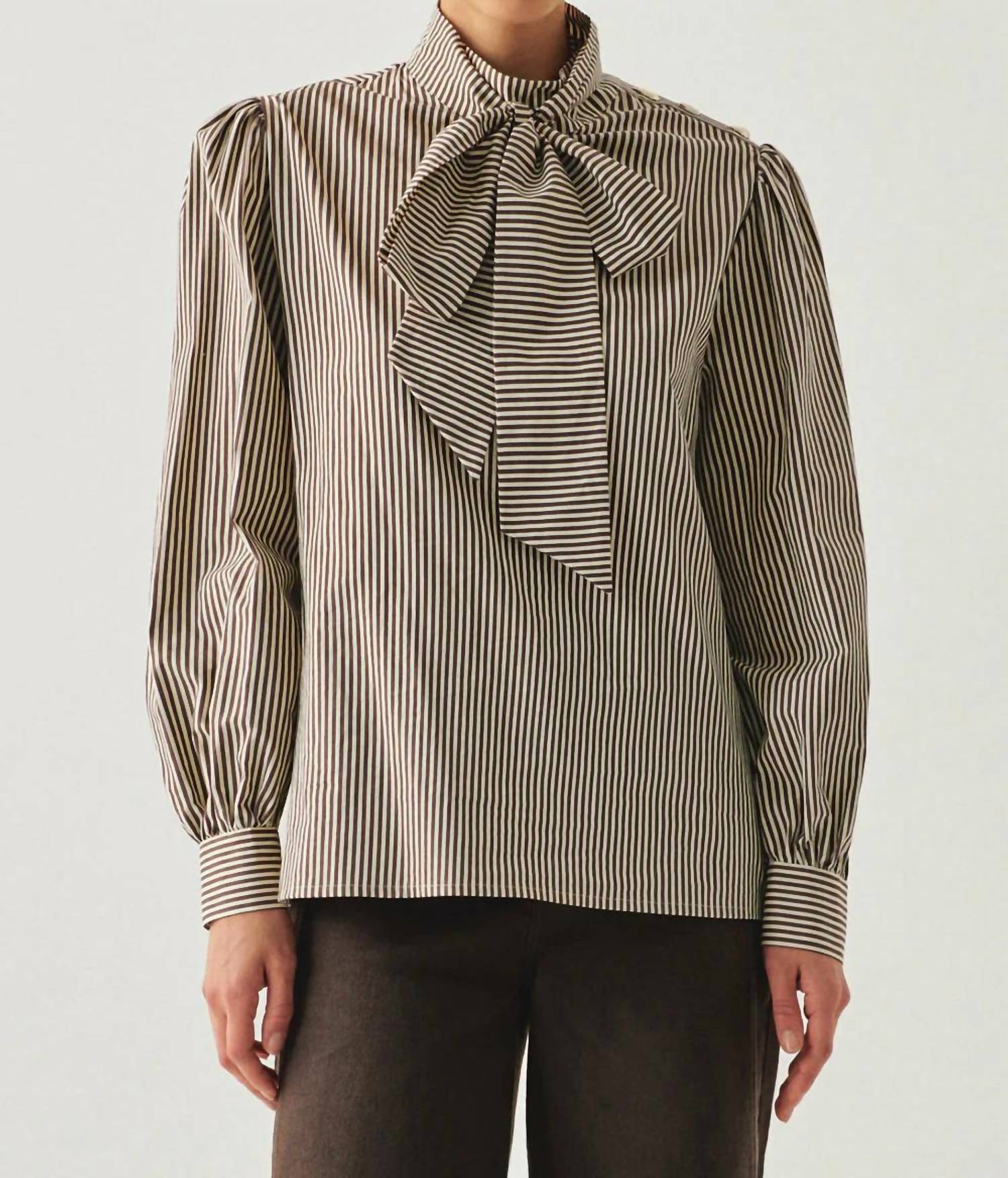 EXQUISE High Neck Cotton Blouse in brown - women's blouse