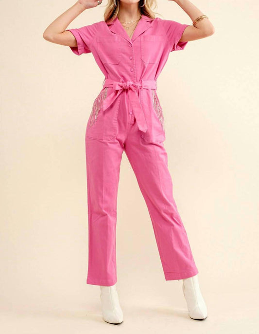 Blue B - Utility Twill Stretch Tie Front Rhinestone Jumpsuit