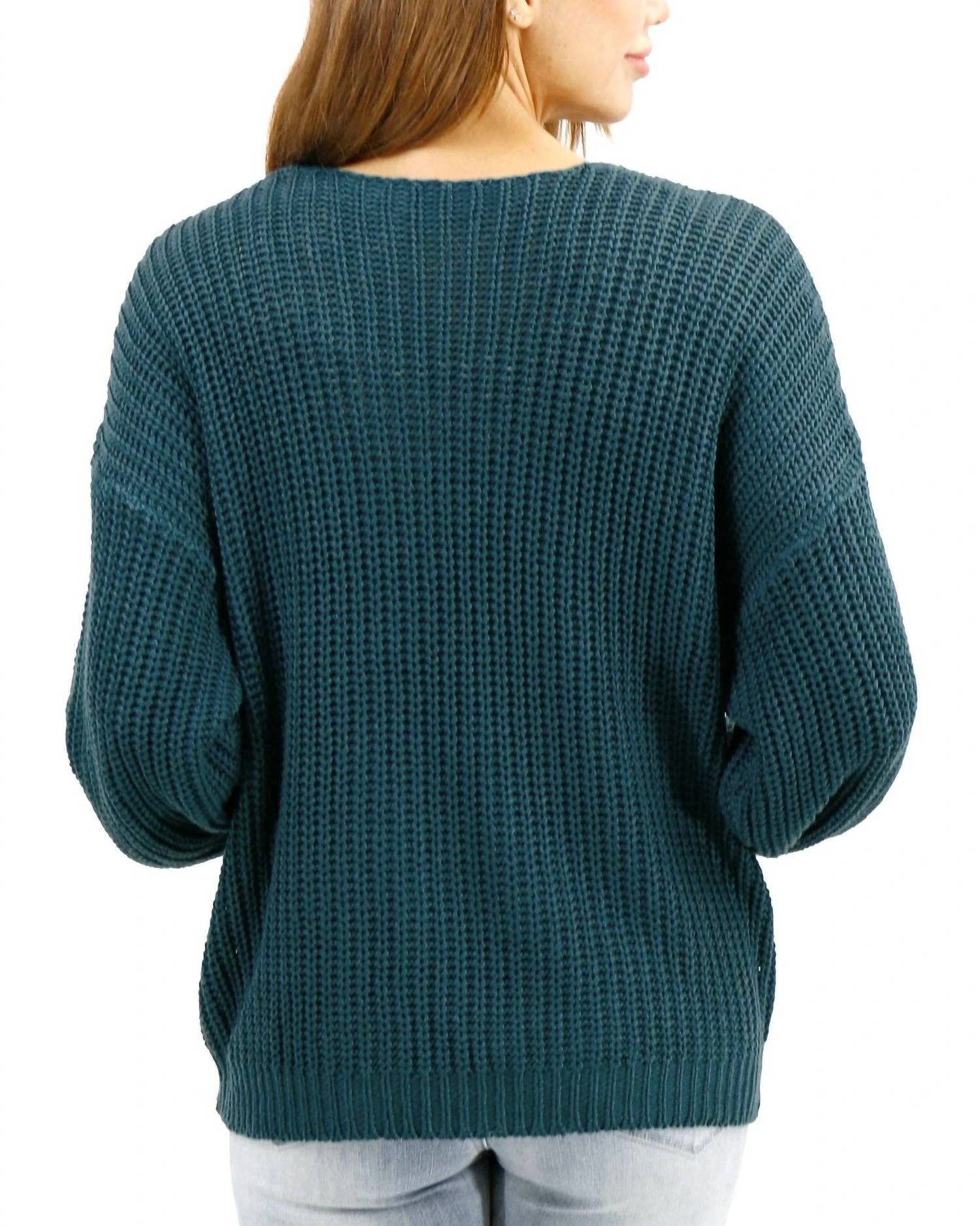 Grace and Lace Boyfriend Slouchy Knit Sweater in blue spruce - women's sweater - detail view