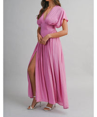 Mable - Peony Plunge Asymmetrical Puff Sleeve Maxi Dress