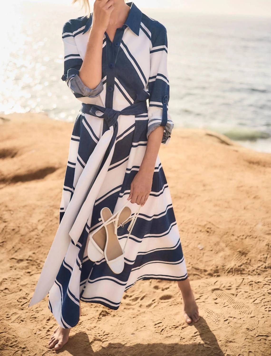 Joseph Ribkoff - Striped Belted Midi Fit And Flare Dress