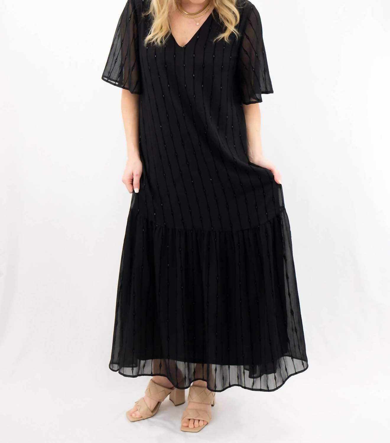 ADRIENNE Velvet Flutter Sleeve Maxi Dress in black - women's dress - alternate view