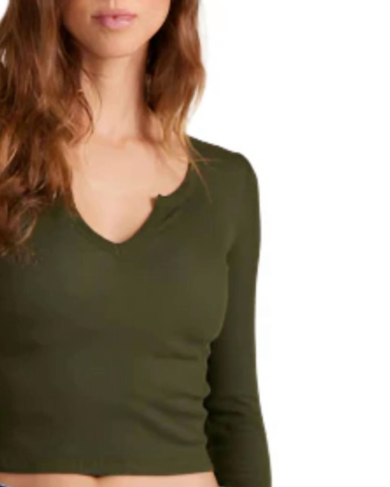 Bobi - Split V Neck Long Sleeve Crop Tee