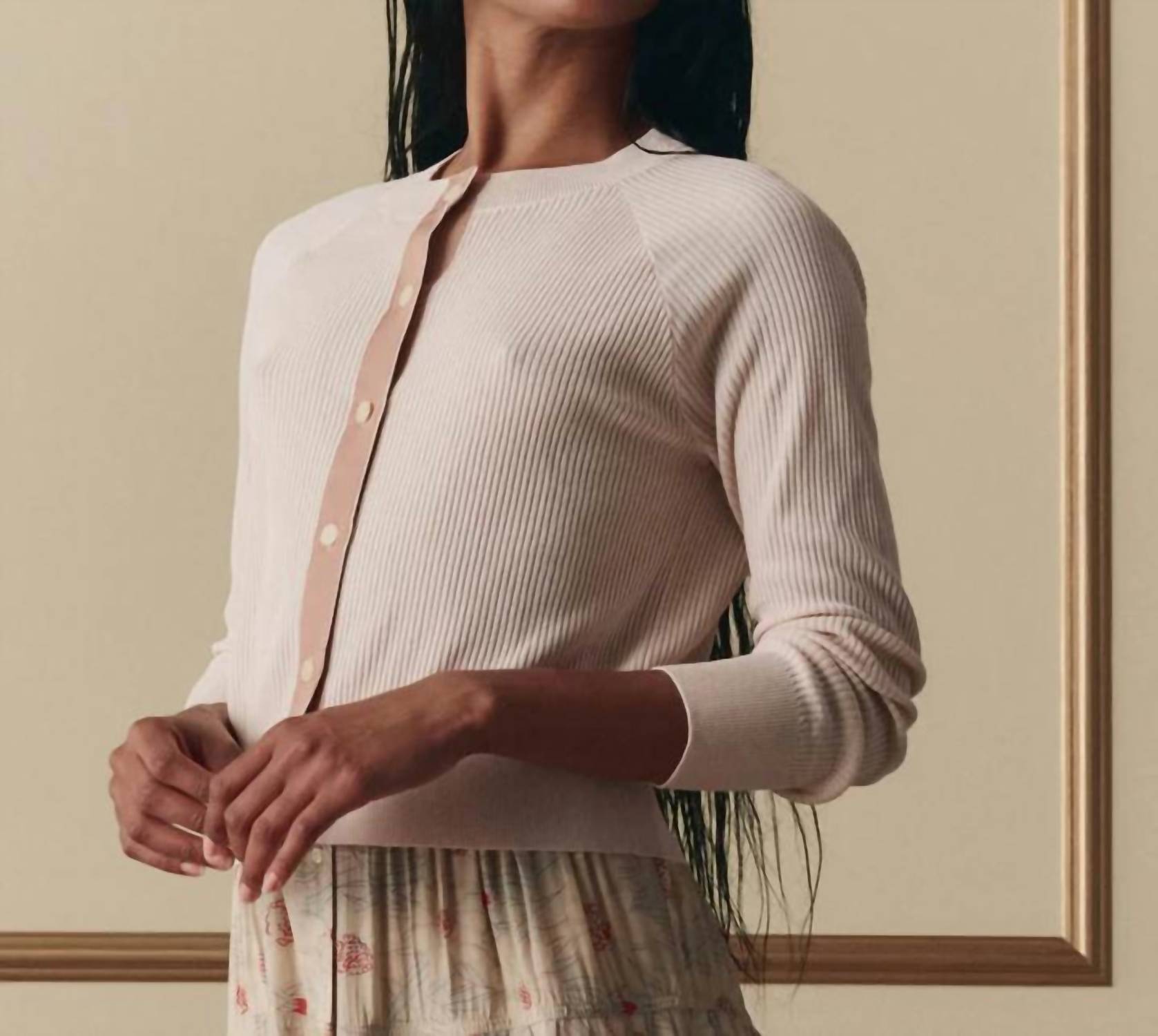 THE GREAT. The Dainty Cardigan in soft petal - women's cardigan - detail view