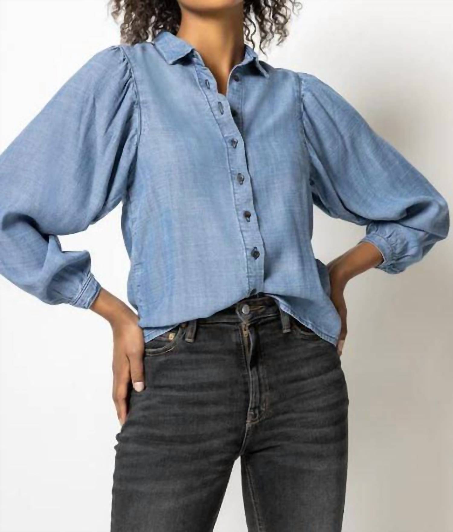 Lilla P Women's Shirred Sleeve Buttondown Shirt in washed chambray - women's shirt