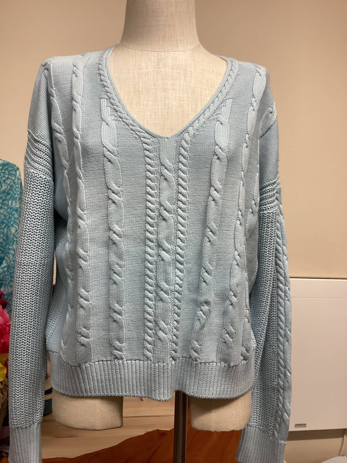 Kokun Women's V-neck Cable Sweater in blue - women's sweater
