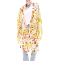 Aratta Floral Print Metallic Stipe Kimono in mustard - women's cardigan