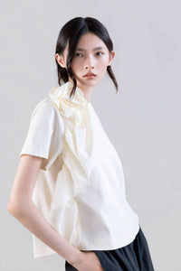 Psophia - Short Sleeve Poplin Top With Flower Detail
