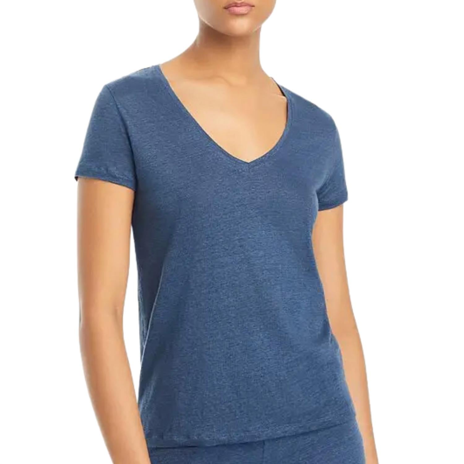 MAJESTIC FILATURES Stretch Linen Short Sleeve Semi Relaxed V-Neck Tee in bleu taormina - women's t-shirt