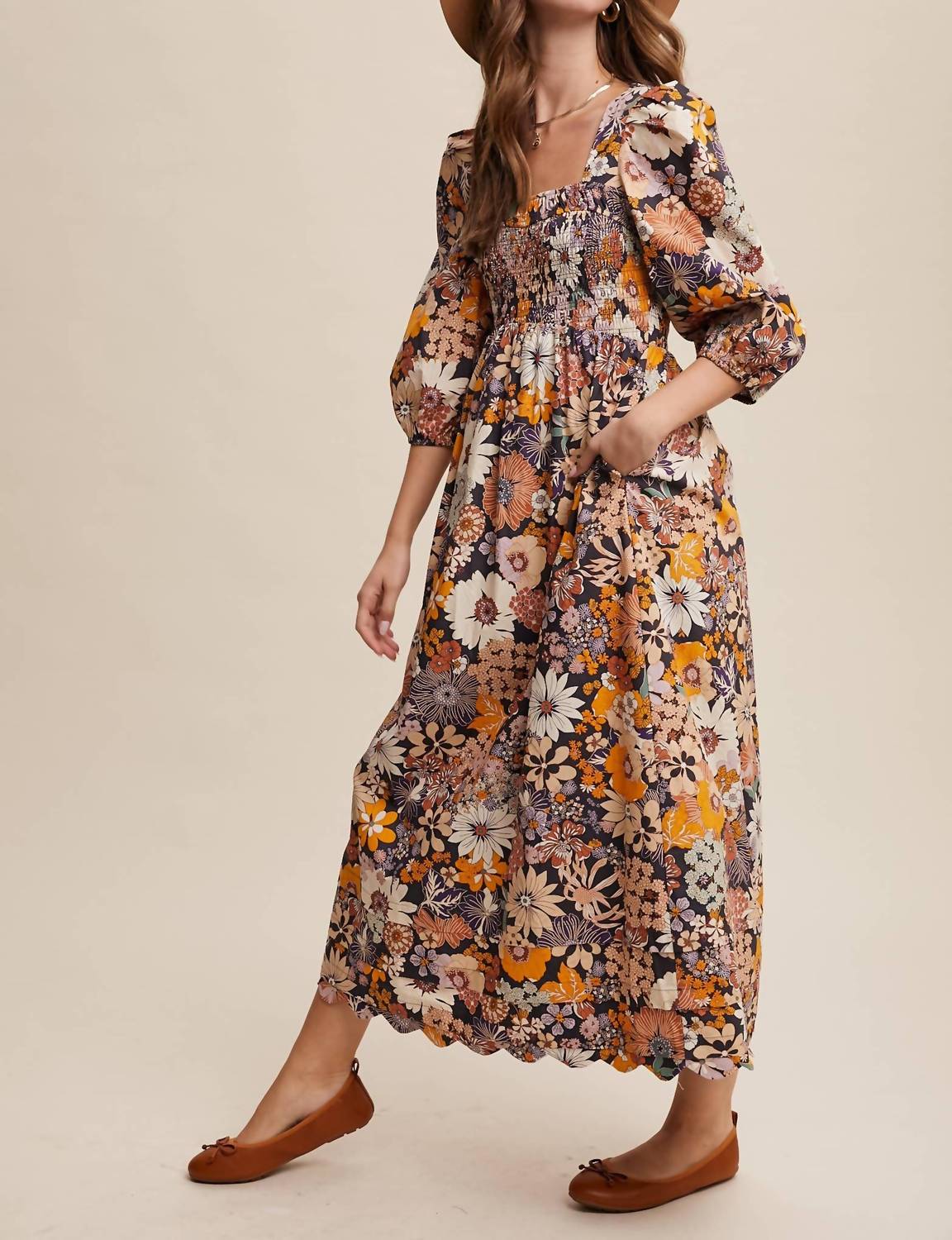 Listicle - Floral Smocked Puff Sleeve Maxi Dress