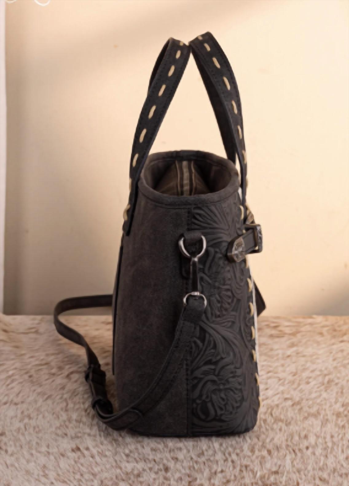 Trinity Ranch - Women's Genuine Hair On Cowhide Tooled Tote Crossbody Bag