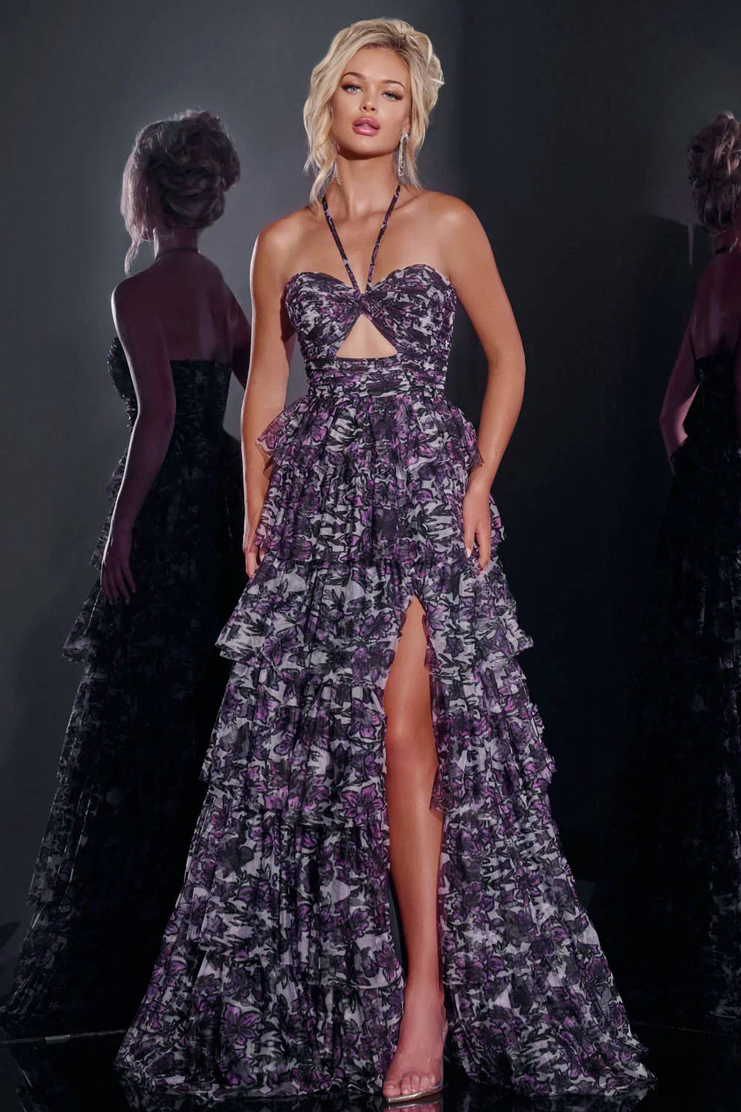Jovani - Floral Tiered Strapless Gown