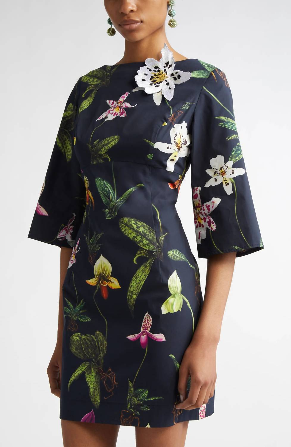 Oscar De La Renta - Three Quarter Bateau Neck Poplin Dress