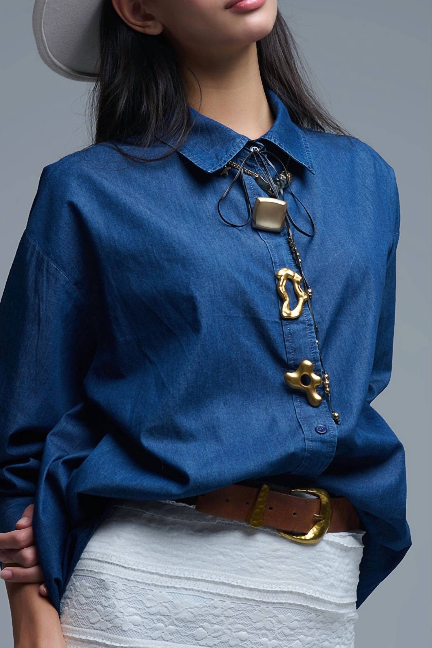 Q2 - Relaxed Denim Shirt With Buttons Top