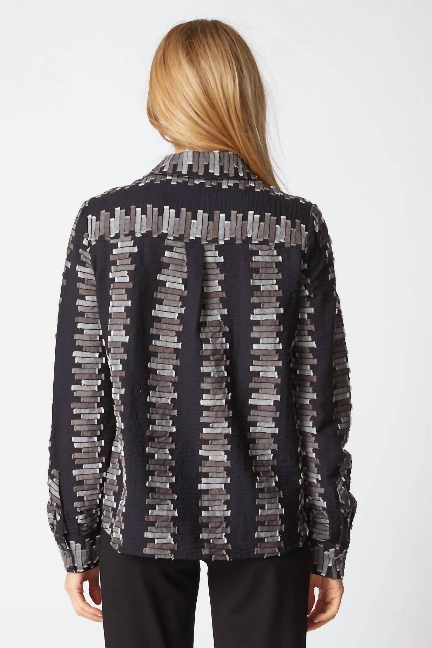 habitat Embroidered Cotton Shaped Hem Shirt Top in black - women's long sleeve top - detail view