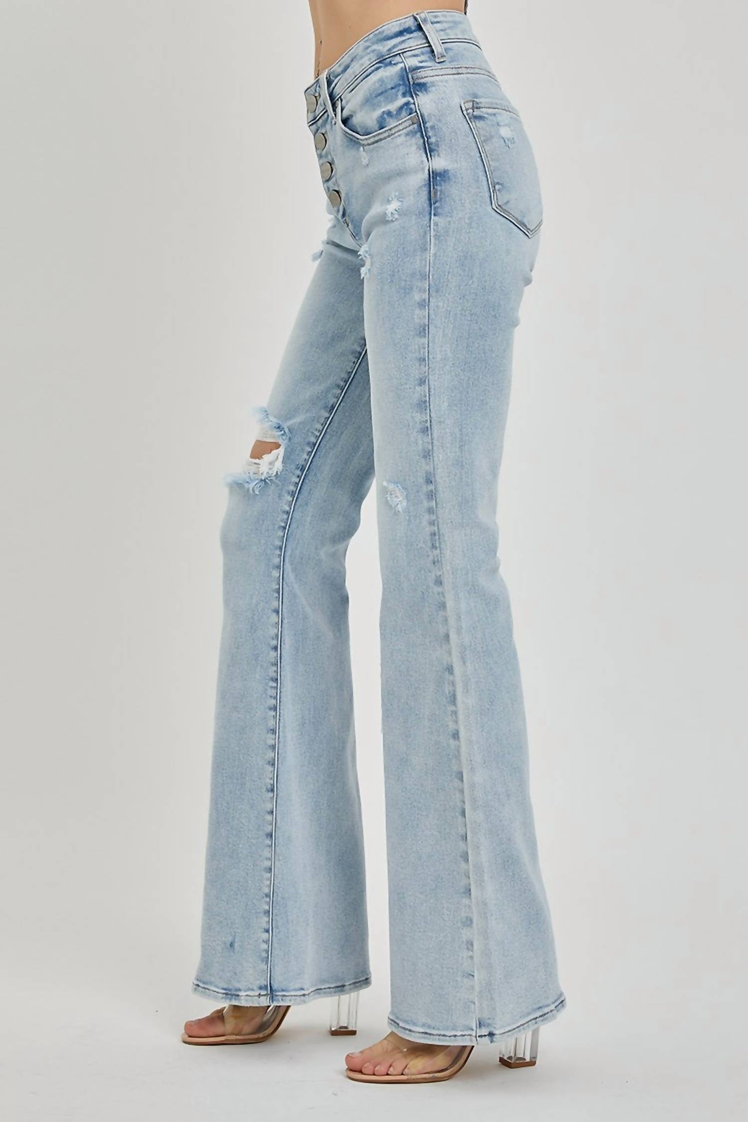 Risen - Mid Rise Button Down Flare Jeans