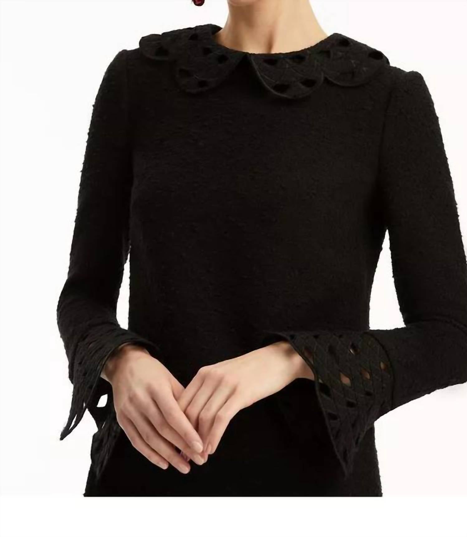 Oscar de la Renta Long Sleeve With Cutout Detail & Collar Tweed Dress in black - women's dress - view 4