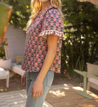Voy - Torah Fringe Trim Short Sleeve Printed Top