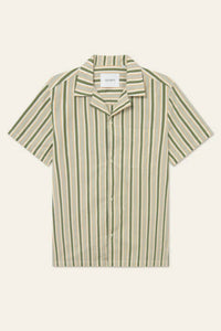 Les Deux Men's Klark Stripe Short Sleeve Shirt in chive green thai curry - men's shirt