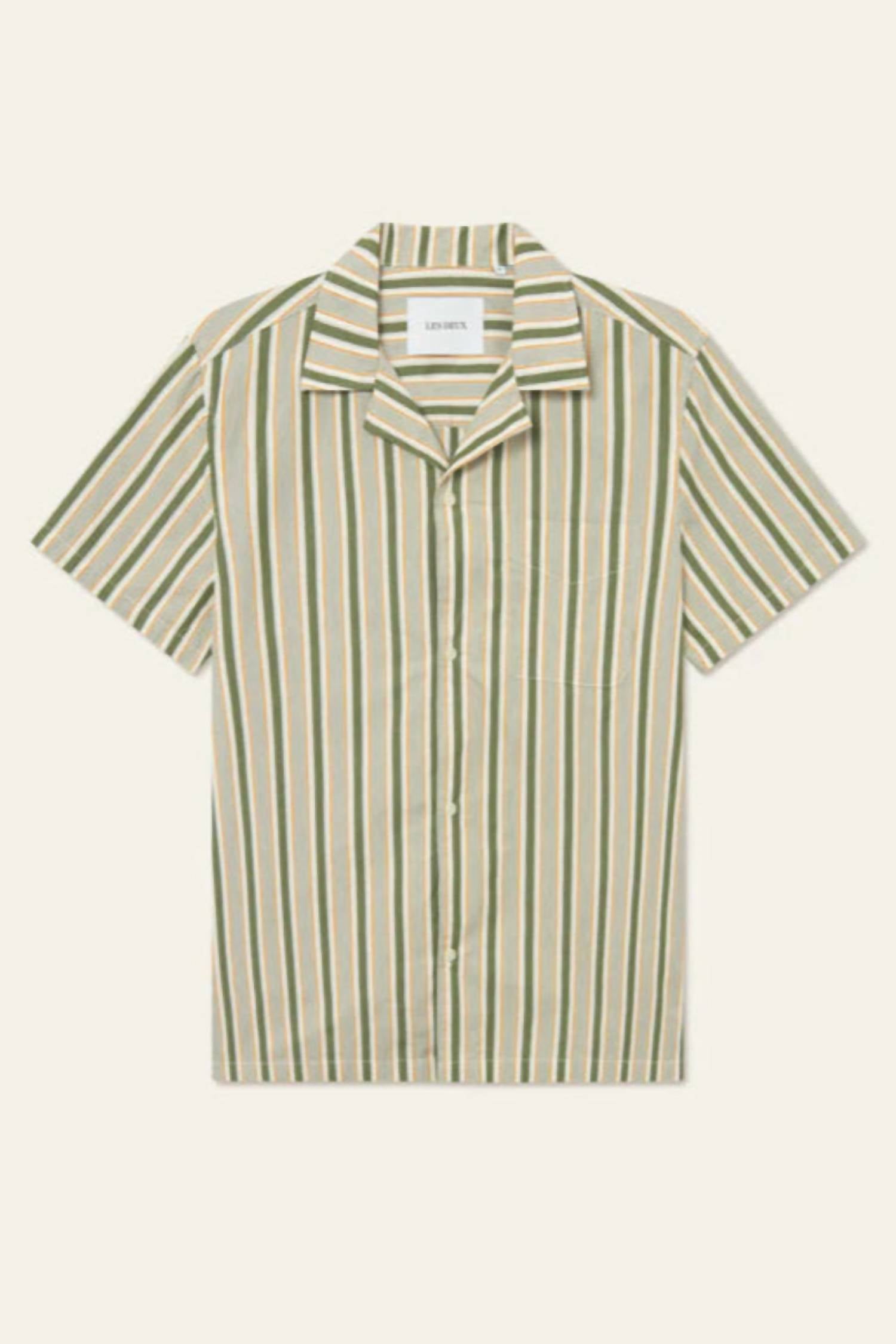 Les Deux Men's Klark Stripe Short Sleeve Shirt in chive green thai curry - men's shirt