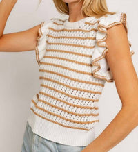 LE LIS Stripe Delight Ruffle Sleeve Knit Top in white tan - women's blouse - alternate view
