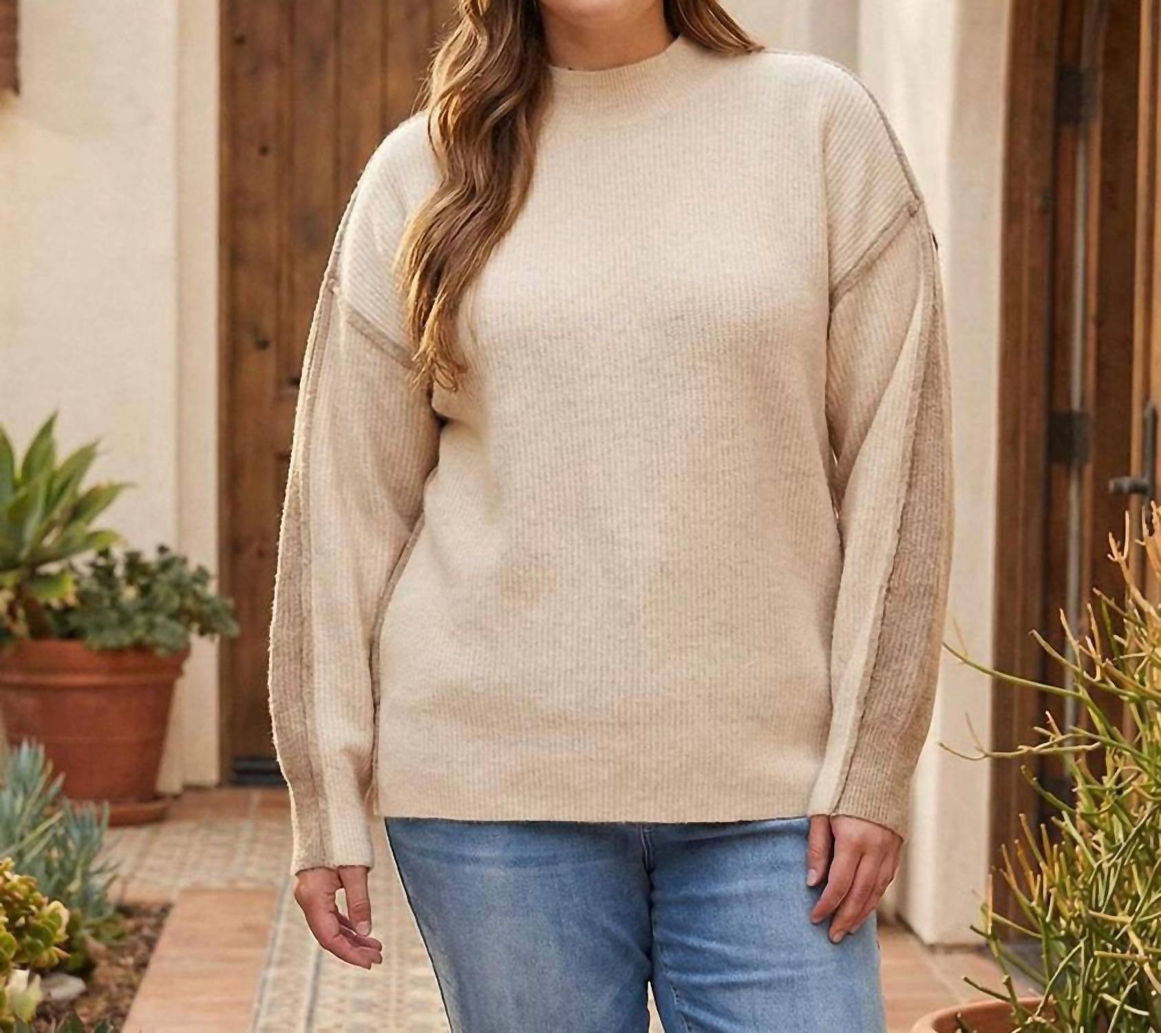 Karen Kane Colorblock Mock Neck Sweater - Plus in sand with earth - women's sweater - view 4