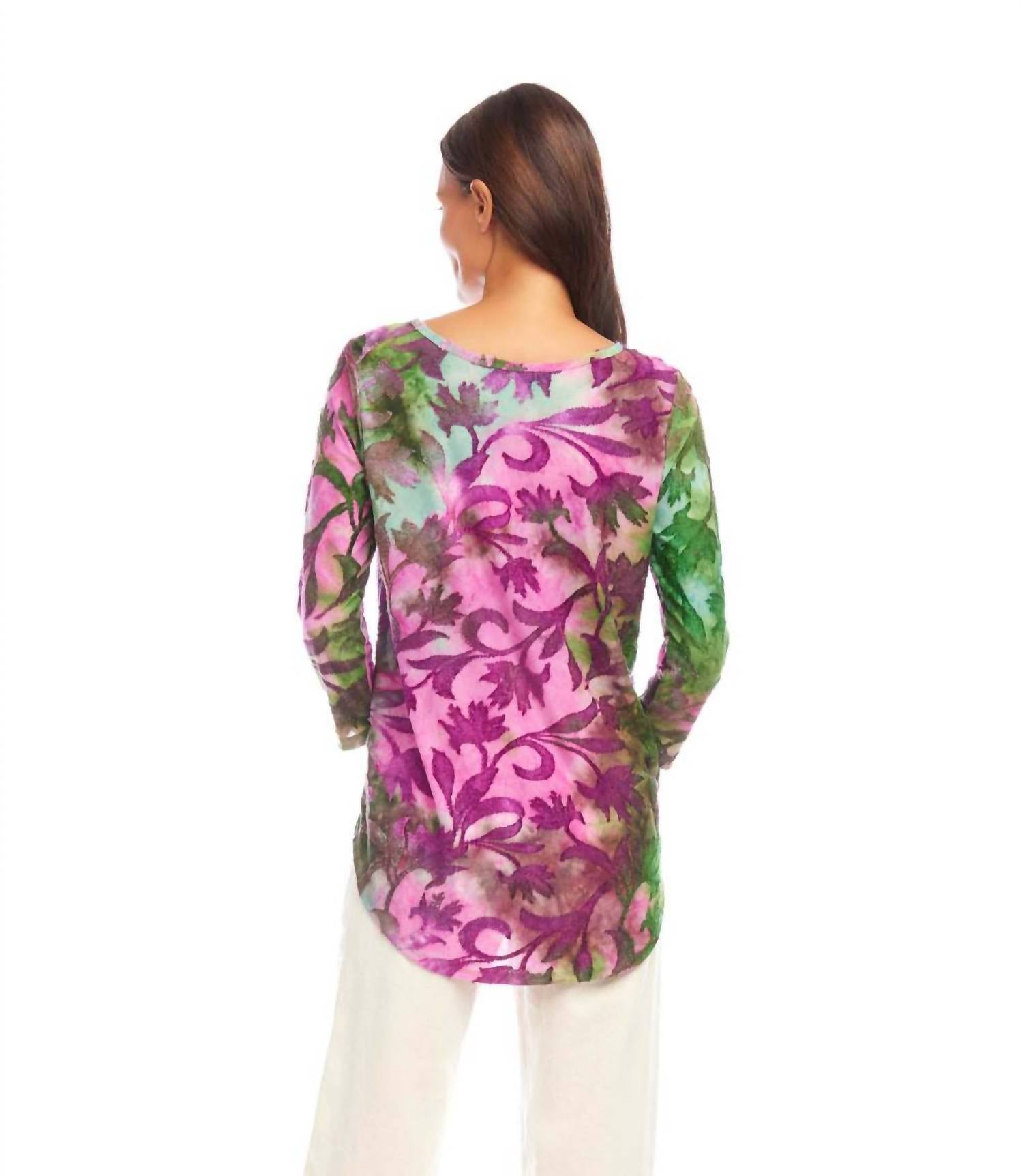 Karen Kane - 3/4 Sleeve Burnout Shirttail Top - Petite Size