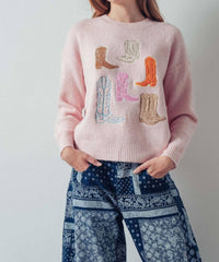 Urban Daizy Western Embroidered Cowboy Boot Sweater in pink - women's sweater - detail view