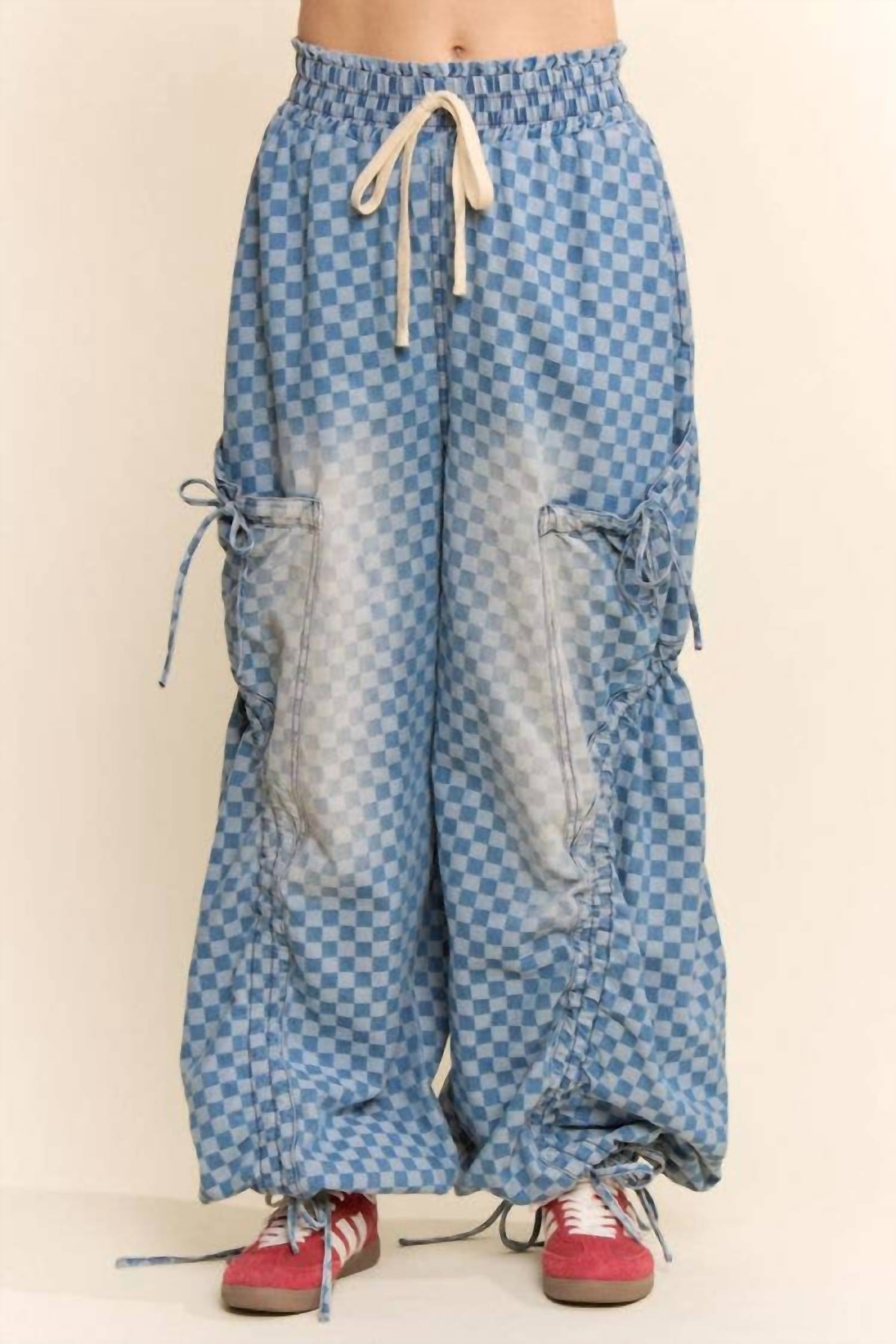 Davi & Dani - Women's Checkerboard Ribbon-ruched Parachute Pants