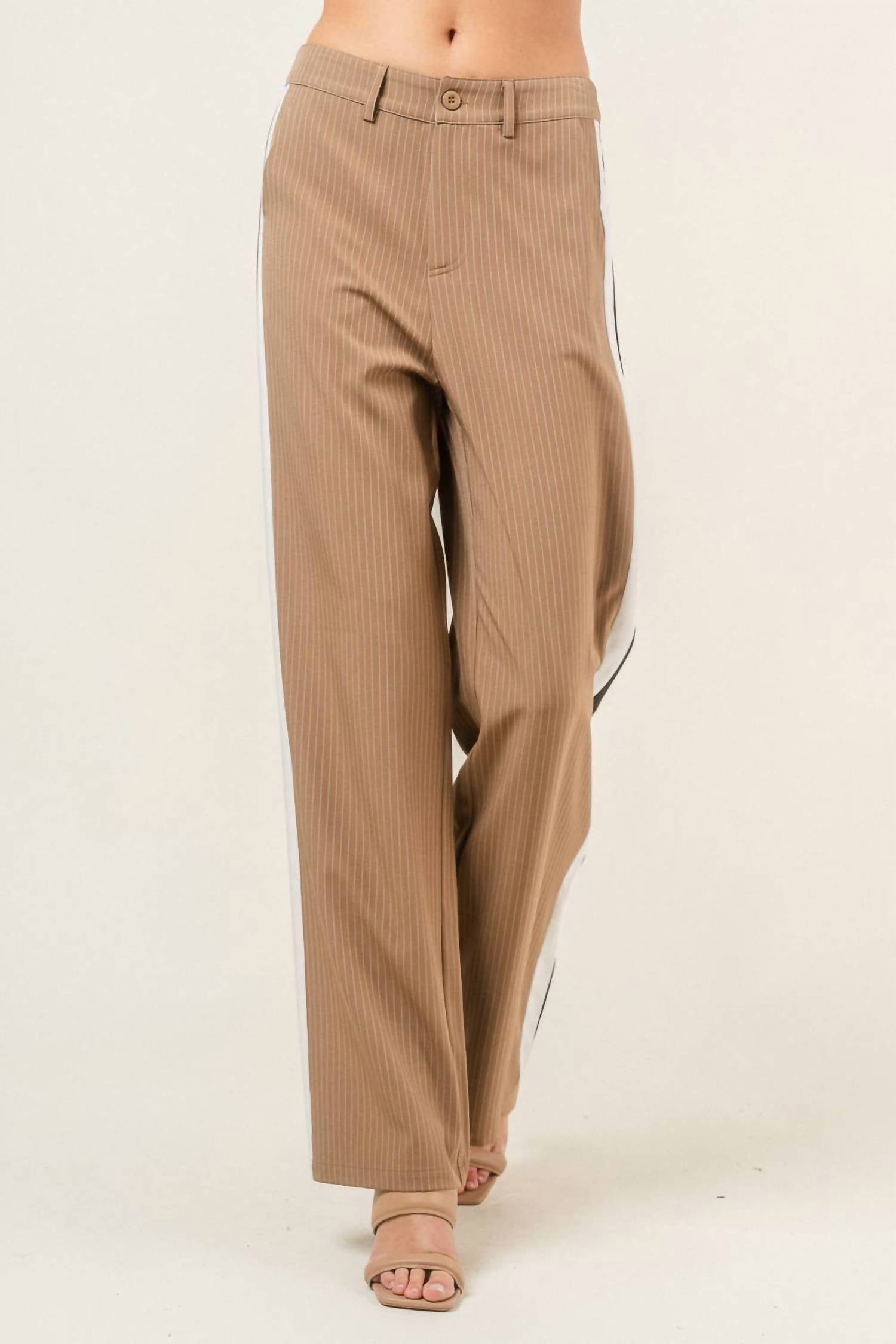 Fore Collection COLOR BLOCKED WIDE LEG PINSTRIPE PANTS in beige - women's pants - view 4