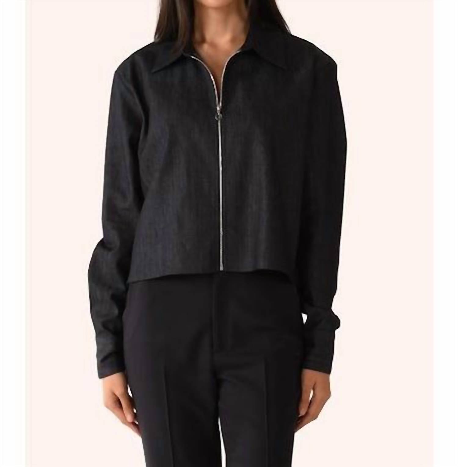 CISSA Zipper Raw Denim Shirt in dark - women's long sleeve top - detail view