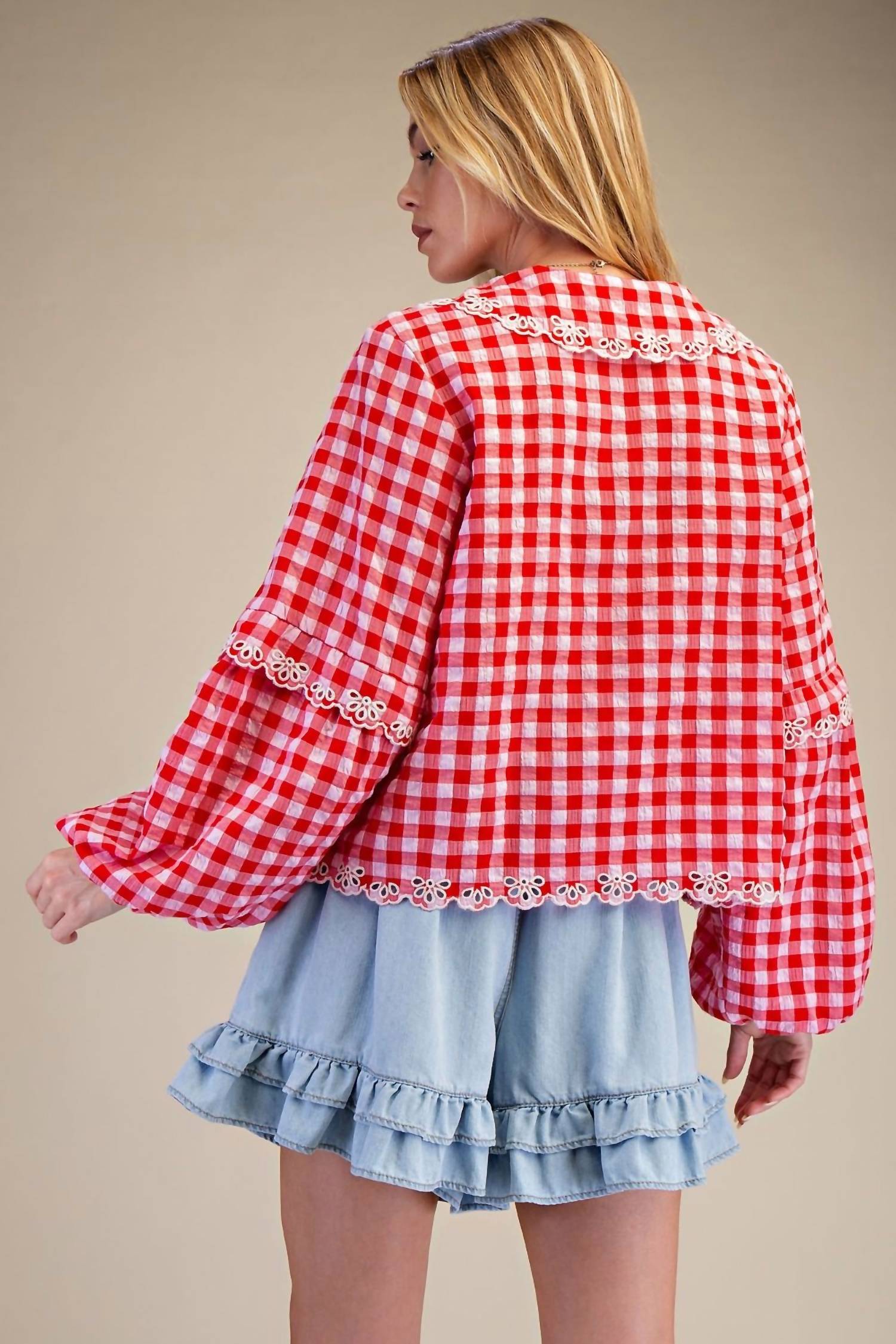 Easel - Bow Front Gingham Blouse