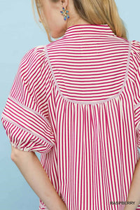Umgee - V-Neck Mandarin Collared Stripe Top
