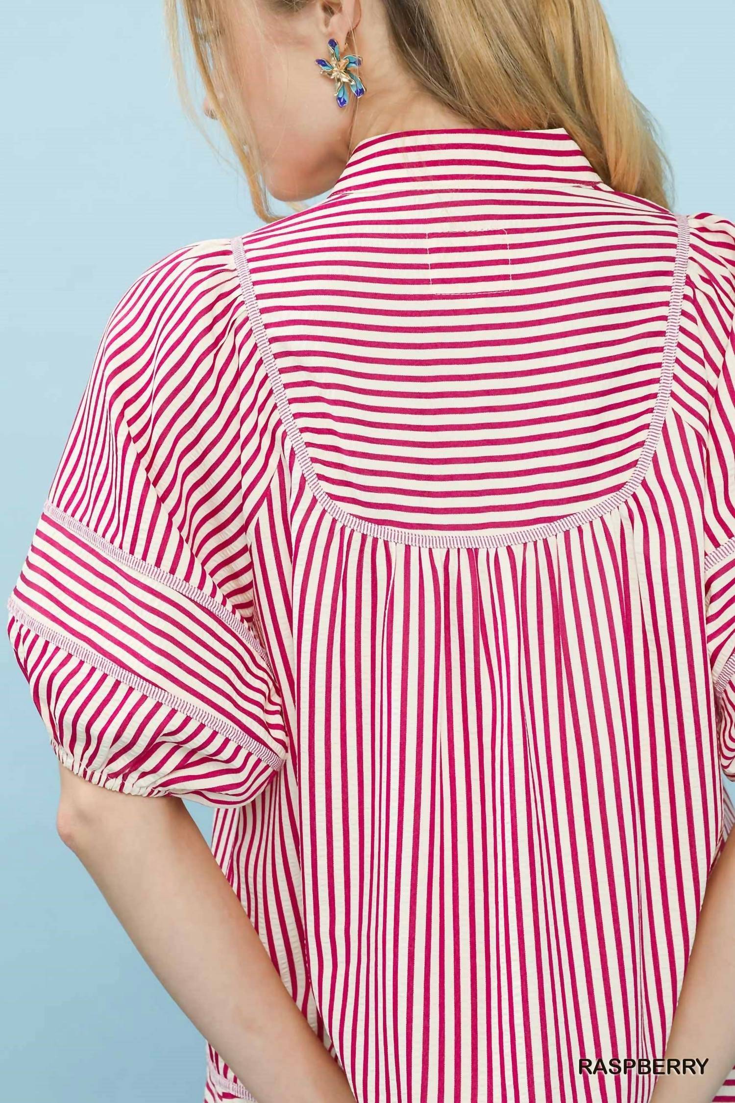 Umgee - V-Neck Mandarin Collared Stripe Top
