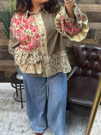 Pol - Floral Ruffle Button Front Long Sleeve Top
