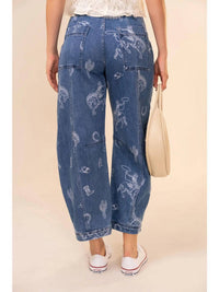 Blue B - Western Print Barrel Leg Denim Jean