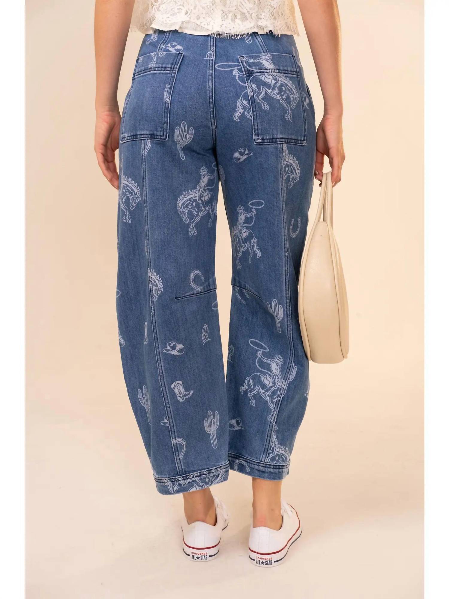 Blue B - Western Print Barrel Leg Denim Jean