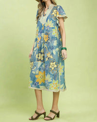 Umgee - Mix Boho Floral Flutter Sleeve Midi Dress