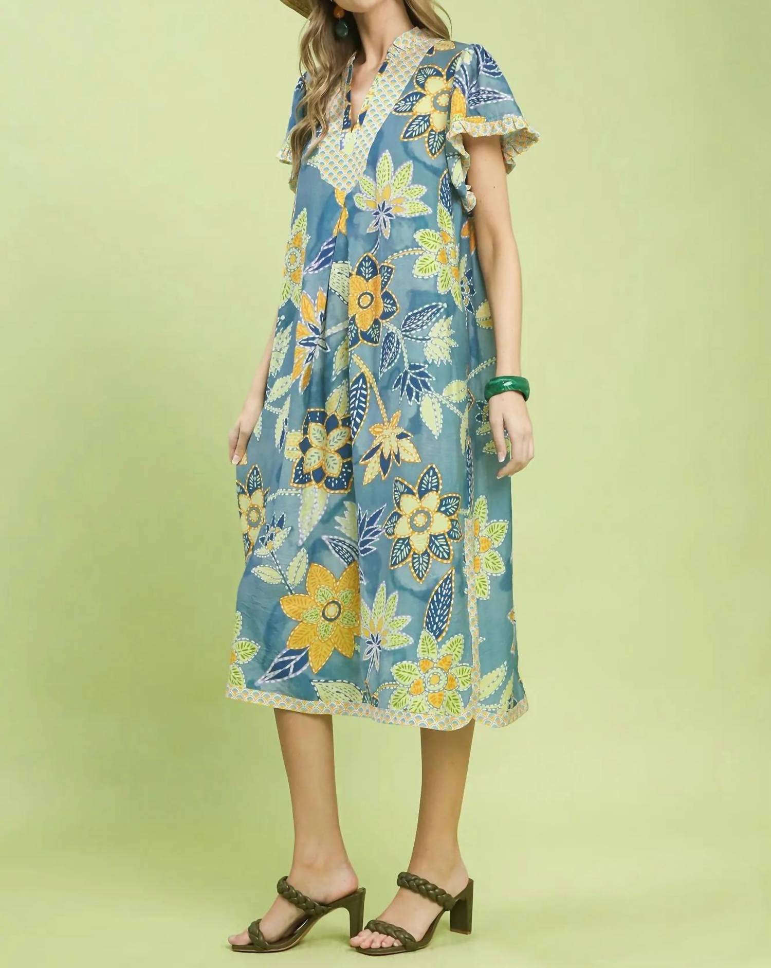 Umgee - Mix Boho Floral Flutter Sleeve Midi Dress