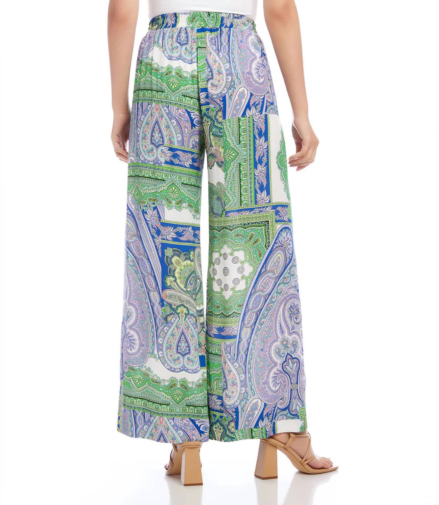 Karen Kane Page Paisley Wide Leg Pants in green multi - women's pants - detail view