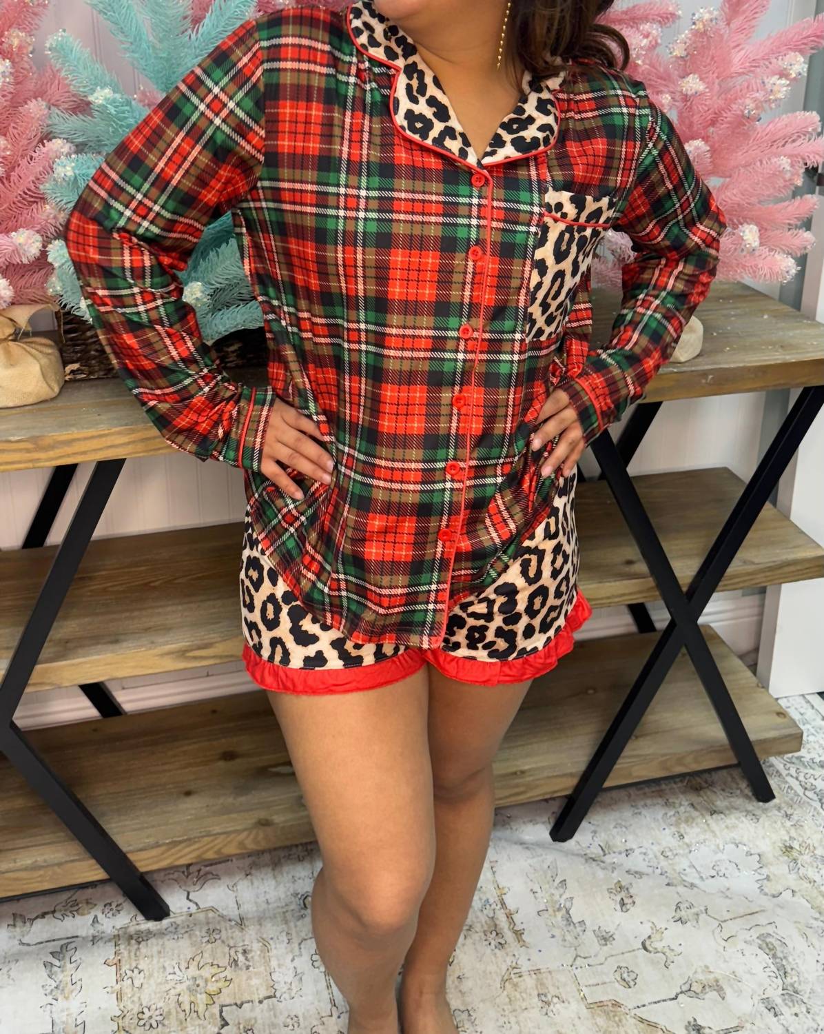 Jess Lea - Leopard & Christmas Plaid Short Pajama Set