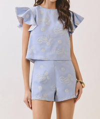 Tcec - Paisley Eyelet Embroidered Flutter Sleeve Top & Shorts Set