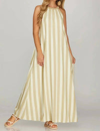 She + Sky - Striped Halter Neck A-line Maxi Dress