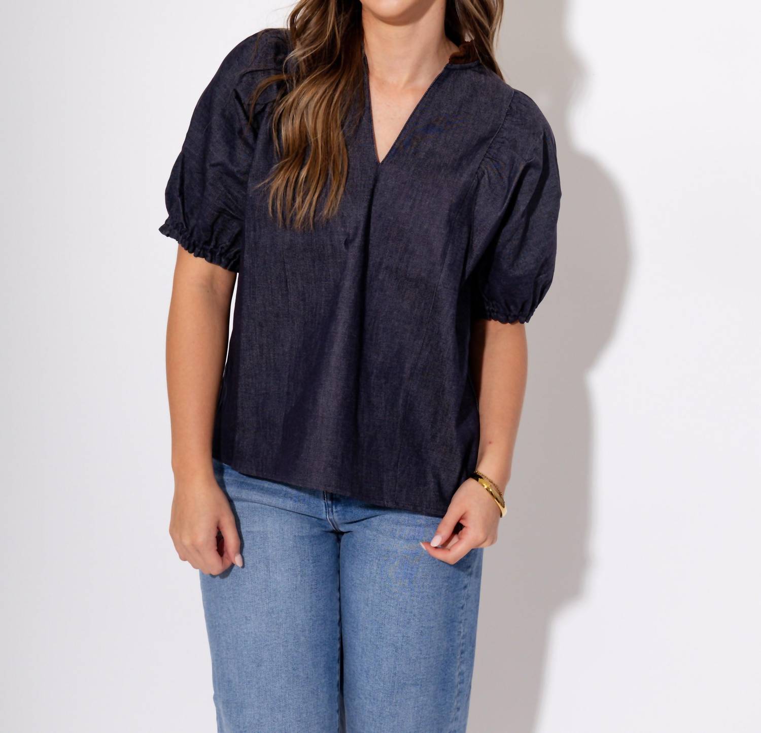 THML Split Neck Suede Ruffle Denim Top in navy - women's blouse