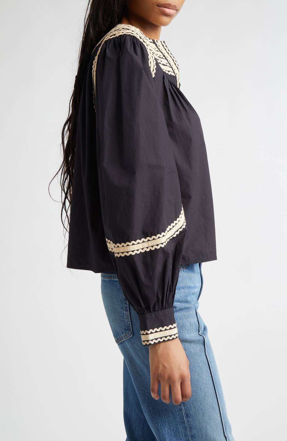 Ulla Johnson Laurenza Long Sleeve Top in noir - women's blouse - detail view