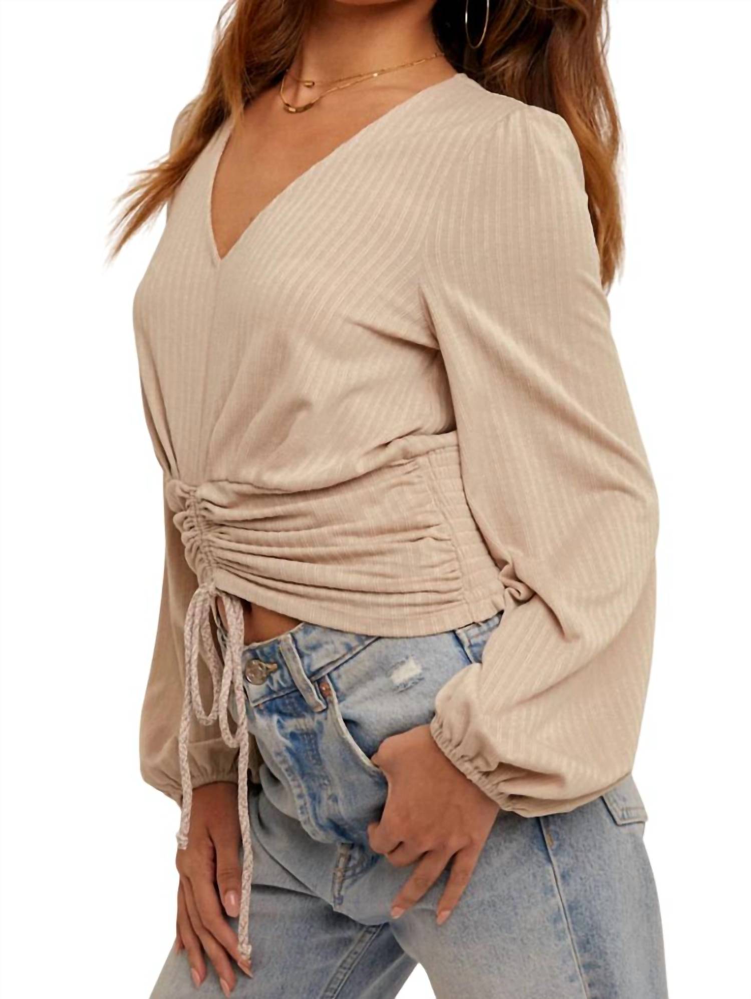 Hem & Thread - Ruching V Neck Ribbed Top