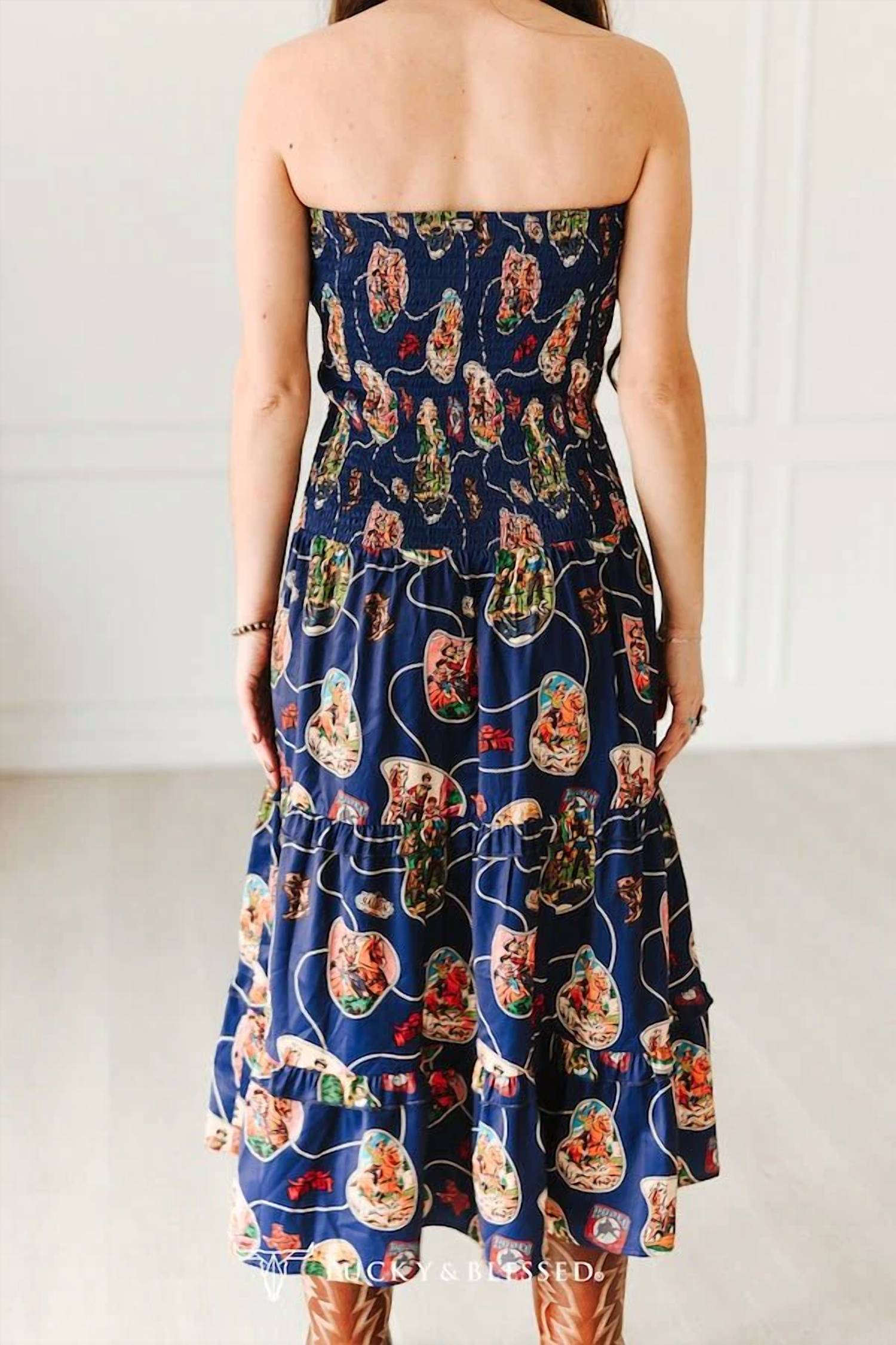 Lucky & Blessed - Retro Rodeo Print Smocked Strapless Western Midi Dress
